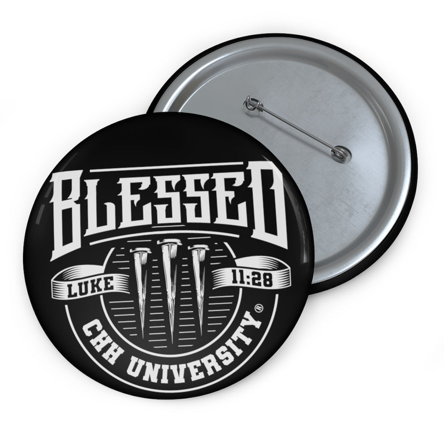 CHHU BLESSED Button (white logo, black)